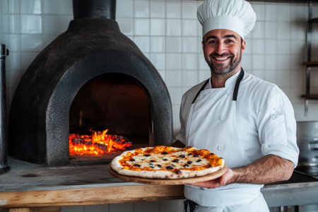 In a bright kitchen, a cheerful chef stands proudly next to a wood-fired oven, holding a freshly baked pizza topped with cheese and olives, ready to serve.の素材