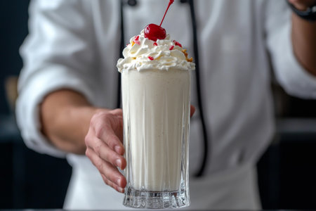 A skilled chef showcases a tall glass filled with creamy milkshake, adorned with fluffy whipped cream and a bright red cherry. The setting is a modern cafe, perfect for dessert lovers.の素材