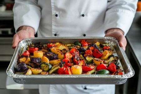 A skilled chef proudly holds a tray filled with an array of roasted vegetables in a contemporary kitchen. The vibrant colors showcase culinary artistry and attention to detail.の素材
