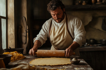 In a rustic kitchen, a chef focuses on rolling out fresh pasta dough using a wooden rolling pin, surrounded by bowls of ingredients and tools that enhance the culinary experience.の素材
