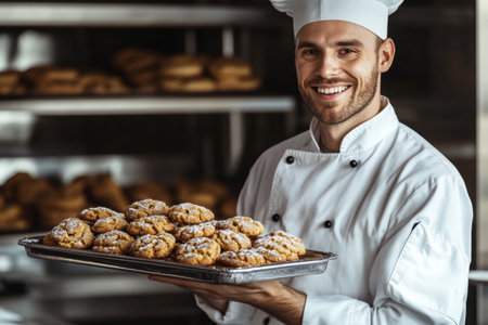 A skilled chef stands in a cozy kitchen, holding a tray filled with golden, freshly baked cookies. The aroma of baked goods fills the air, and the chef's smile conveys pride and joy from his craft.の素材