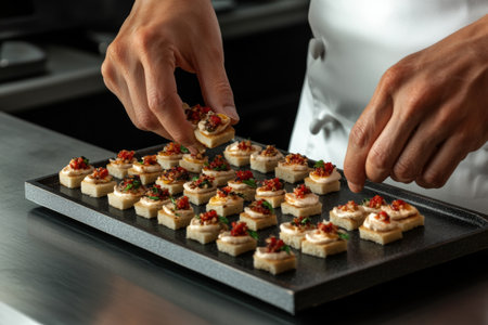 Chef's hands skillfully position elegant canapes on a sleek serving tray, showcasing attention to detail ahead of a sophisticated gathering. The setup reflects culinary artistry.の素材