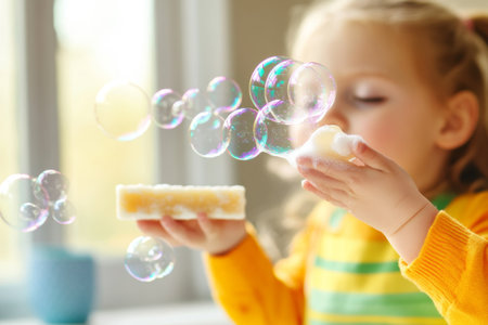 A young child is happily blowing bubbles from a bar of soap, creating floating orbs that catch the light. The playful activity takes place indoors on a sunny afternoon.の素材