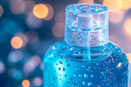 Bottle of hand sanitizer with water droplets catching light, showing a vibrant blue color and captivating reflections. Perfect for hygiene and cleanliness.の素材