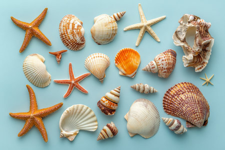 Seashells and starfish are artistically arranged on a light blue background, showing a variety of shapes, colors, and textures. The display captures the beauty of marine life.の素材