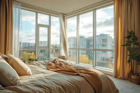 This bedroom cozy features large floor-to-ceiling windows allowing natural light to flood the space, enhancing the warm, neutral tones throughout. The inviting decor creates a relaxing atmosphere.の素材