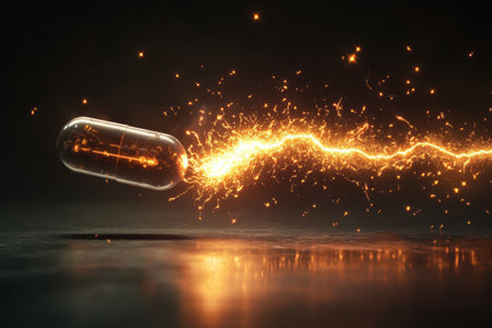 A pill is captured mid-transformation, emitting a vibrant energy wave that glows with intensity. The artwork showcases the dynamic movement and ethereal quality of this transformation.の素材