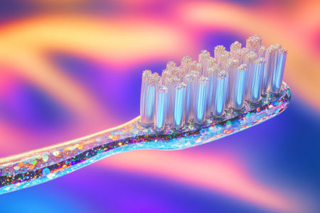 A toothbrush with shimmering bristles stands out against a lively and vibrant backdrop. The sparkling details enhance the visual impact, capturing attention with its bright colors and dynamic design.の素材