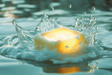 A vibrant splash of water contains a glowing bar of soap at its center, illuminated by warm, soft light. This moment captures the elegance of form and fluidity in action.の素材