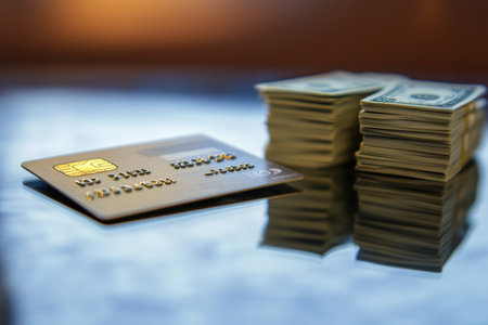 A credit card rests on a glossy surface with neatly stacked cash nearby.の素材