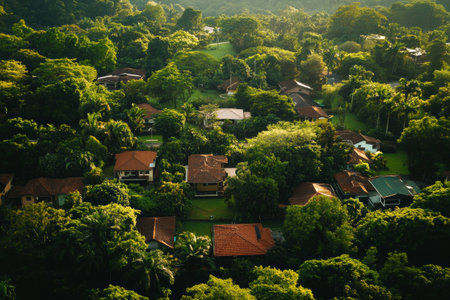 Drone captures a vibrant residential area surrounded by rich greenery, showing diverse rooftops and natural landscapes during daylight hours.の素材