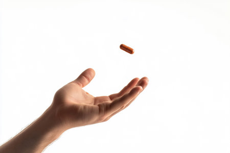 A hand reaches up to catch a capsule falling from above, capturing the moment with clarity against a bright, minimalistic white background. The dynamic action highlights precision and focus.の素材