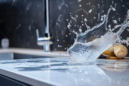 Water splashes dramatically from a polished sink surface, reflecting light in a sleek kitchen. The fresh and clean aesthetic highlights the functionality and beauty of the space.の素材