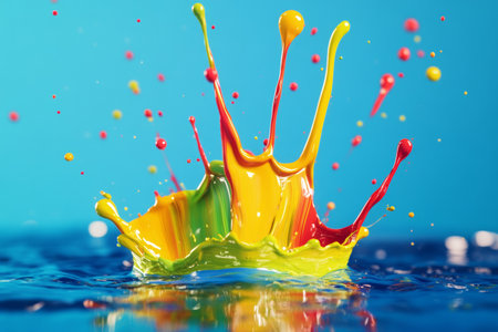 A colorful splash of paint in vibrant hues erupts against a smooth blue backdrop, showcasing droplets and ripples in stunning detail, capturing energy and creativity.の素材