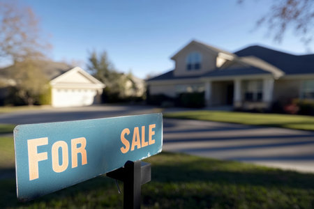 A for sale sign stands prominently in front of a charming suburban home.の素材