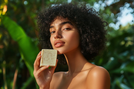 In a serene outdoor environment, a fresh-faced model holds an organic soap bar close to her face. The image captures the essence of natural beauty and wellness, surrounded by vibrant greenery.の素材