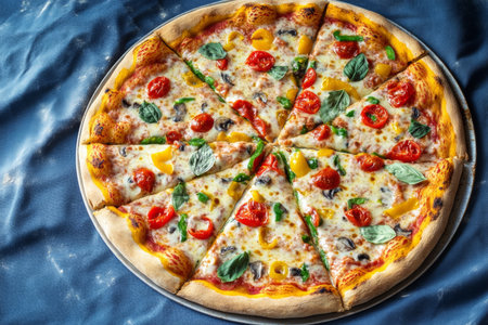 A vibrant pizza topped with fresh tomatoes, olives, and herbs is artistically arranged on a round platter against a blue tablecloth. This inviting dish creates a perfect casual dining atmosphere.の素材