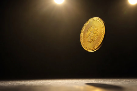 A gold coin elegantly spins mid-air, surrounded by a dark backdrop illuminated by bright spotlights, enhancing its shimmering surface. The scene captures the balance and beauty of movement.の素材