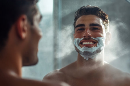 In a foggy bathroom, a man shaves with a smile, enjoying his grooming routine. The steam adds a touch of warmth, enhancing the intimate atmosphere of the moment.の素材