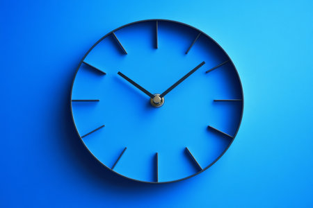 A minimalist clock showcases bold hands on a vibrant blue background, emphasizing modern design and simplicity. This striking timepiece captures attention with its unique aesthetic.の素材