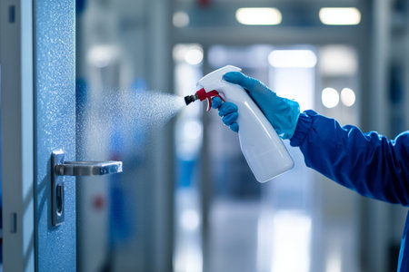 A person in blue gloves sprays disinfectant on a door handle in a brightly lit environment. This proactive measure ensures cleanliness and safety in shared spaces.の素材