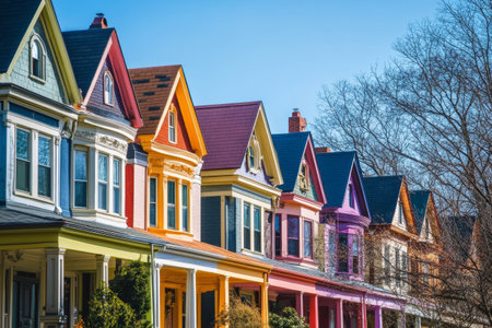 A vibrant row of historic houses displays various colors, creating a picturesque atmosphere under a bright blue sky.の素材