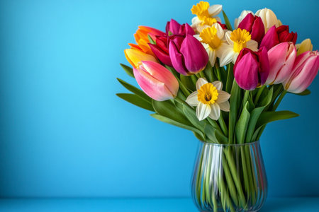 Brightly colored tulips and daffodils are arranged in a clear vase, standing out against a striking blue backdrop, creating a cheerful and lively atmosphere.の素材