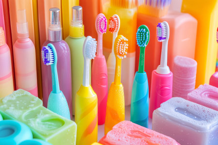 Brightly colored hygiene products for children are arranged attractively. The display includes various toothbrushes and playful soap designs, making oral care fun.の素材
