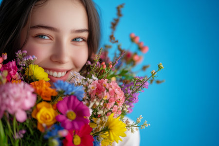 A young woman smiles widely while holding a large bouquet filled with vibrant flowers against a vivid blue backdrop. Her cheerful expression reflects happiness and joy.の素材