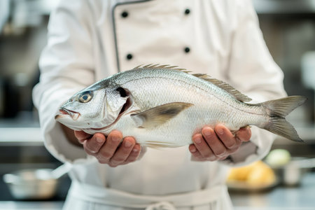 A chef stands proudly holding a fresh fish in a modern, well-organized kitchen setting. The attention to detail reflects the chefs dedication to quality ingredients and culinary craftsmanship.の素材
