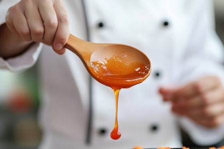 A talented chef skillfully holds a wooden spoon filled with rich, colorful sauce, allowing it to drip elegantly. The kitchen is alive with the ambiance of culinary creativity.の素材