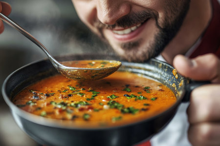 A chef enjoys the rich aroma of his soup, tasting it with a ladle and displaying a satisfied smile in a warm kitchen setting filled with activity.の素材