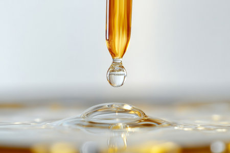 A drop of liquid medicine suspended from a dropper falls into a clear liquid surface, causing a ripple effect. The high-definition image captures the moment beautifully.の素材