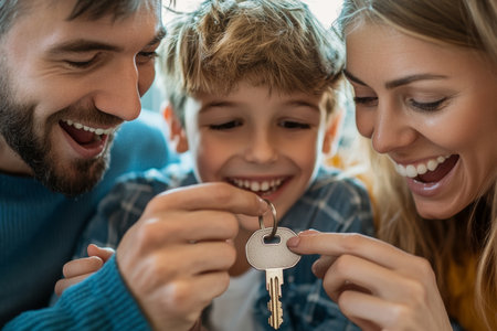 A family expresses their excitement while holding their new house key. Their faces showcase pure joy as they look at the key that symbolizes a new beginning and adventure together.の素材