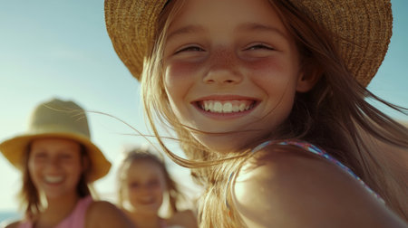 A group of family members relaxes at the beach during summer vacation, sharing joyful moments. The children laugh and play, while the sun shines brightly. They wear stylish hats, embodying happiness.の素材