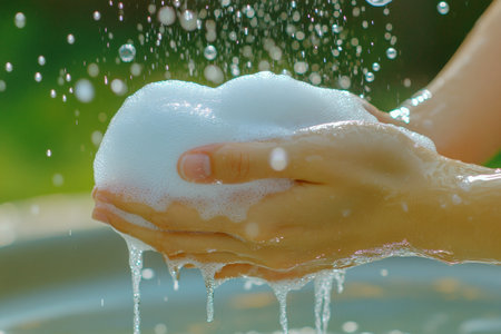 Hands are immersed in running water with rich soap bubbles, showing the important task of hand washing. The natural light highlights the cleanliness and freshness of the moment.の素材