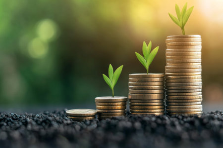 A close-up view of a pile of coins stacked in ascending order, with small green plants emerging from each stack, representing growth and prosperity in a vibrant, natural setting.の素材