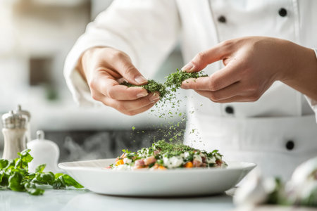 A skilled chef enhances a beautifully plated dish by delicately sprinkling fresh herbs. The modern kitchen showcases a clean and inviting atmosphere where culinary creativity thrives.の素材
