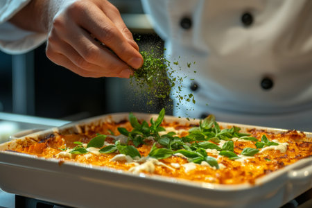 A skilled chef expertly sprinkles fresh herbs over a beautifully prepared dish in a state-of-the-art kitchen, highlighting attention to detail in culinary presentation.の素材
