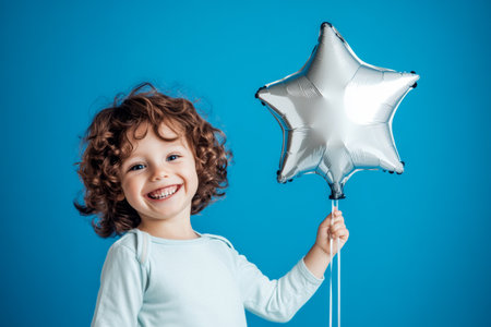 A cheerful child with curly hair is smiling while holding a shiny star-shaped helium balloon. The bright blue background enhances the joyful mood, capturing a moment of pure happiness.の素材