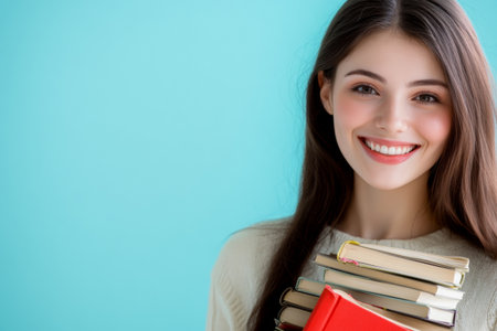 A woman stands with a stack of colorful books in her arms, smiling gently. The light blue background enhances the joyful expression, creating an uplifting atmosphere perfect for book lovers.の素材