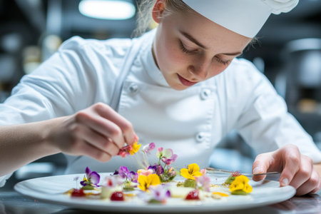 A young chef focuses intently as she artfully arranges edible flowers on a beautifully crafted dessert. The modern kitchen buzzes with activity, showcasing her culinary skills and creativity.の素材
