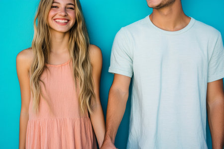 A joyful young couple stands together against a vivid blue background. They hold hands tightly, both smiling widely, capturing a moment of affection and happiness.の素材