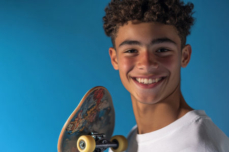 A cheerful young man poses with a skateboard, showcasing his happiness. He stands against a bright blue background, radiating confidence and enthusiasm for skateboarding.の素材