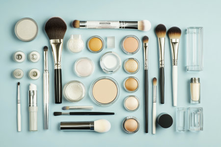 Beauty products and makeup brushes are neatly arranged on a light blue background, highlighting various cosmetics and tools in an aesthetically pleasing layout for beauty enthusiasts.の素材