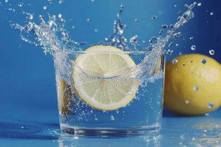 A lemon slice plunges into clear water, creating a vibrant splash, with droplets forming around it. A bright blue background enhances the freshness of the moment.の素材