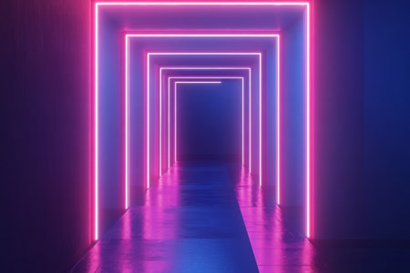 A dark blue corridor filled with glowing neon lights creates an inviting atmosphere. The bright colors form geometric shapes, enhancing the modern aesthetic.の素材