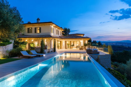 Modern villa features an inviting infinity pool surrounded by lush greenery, showing a breathtaking view of the hills as dusk settles in. Outdoor seating adds to the tranquil ambiance.の素材