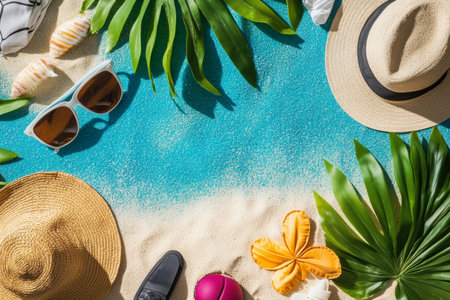 Bright tropical beach with soft sand and vibrant colors showcases essentials for relaxation. Sunglasses, hats, and tropical leaves create a delightful summer atmosphere perfect for vacations.の素材