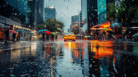 People with colorful umbrellas navigate a busy city street as rain pours down. The taxi's bright glow illuminates the wet pavement, creating a reflective atmosphere.の素材